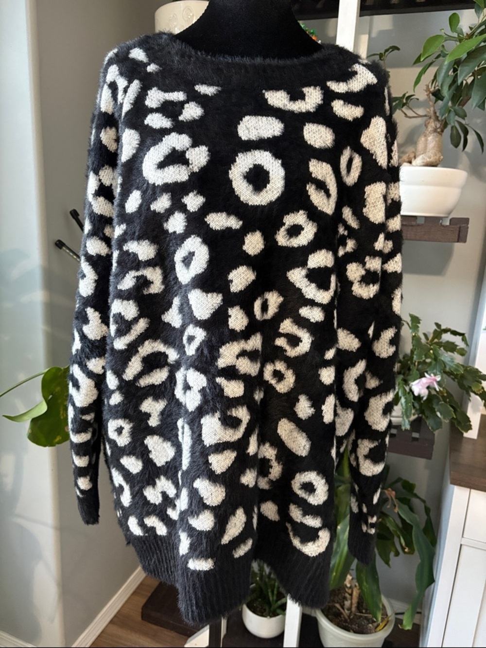 White Birch Oversized Black & Cream Leopard Plush Scoopneck Sweater